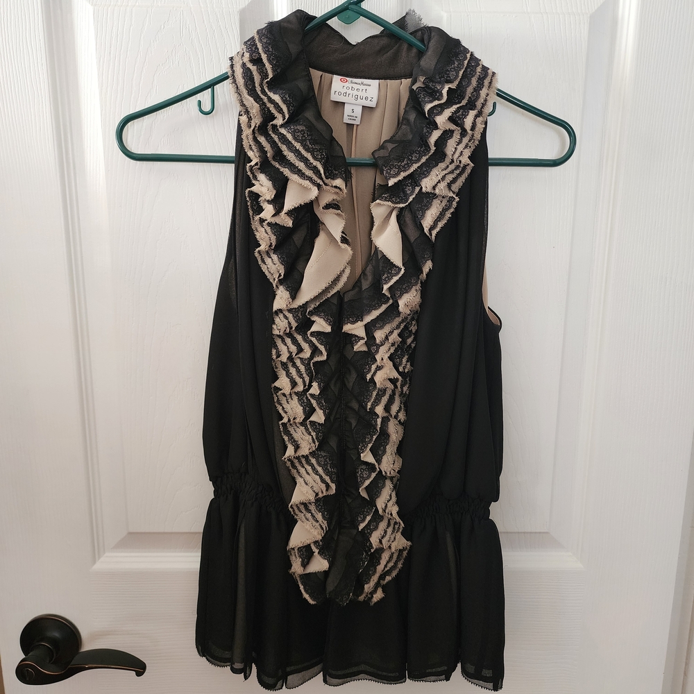 Romantic Victorian Ruffled Black and Cream Blouse